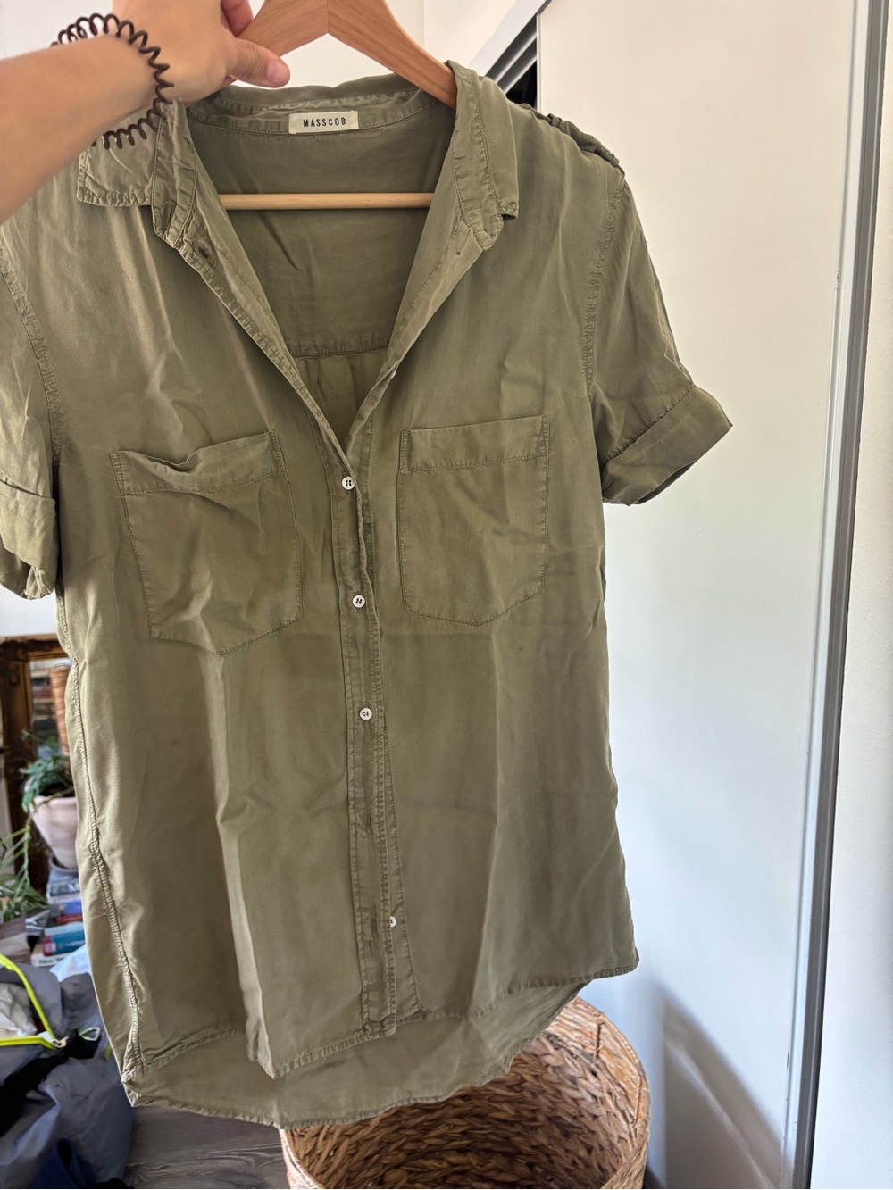 Washed Olive Short-Sleeve Button-Down Shirt by Masscob